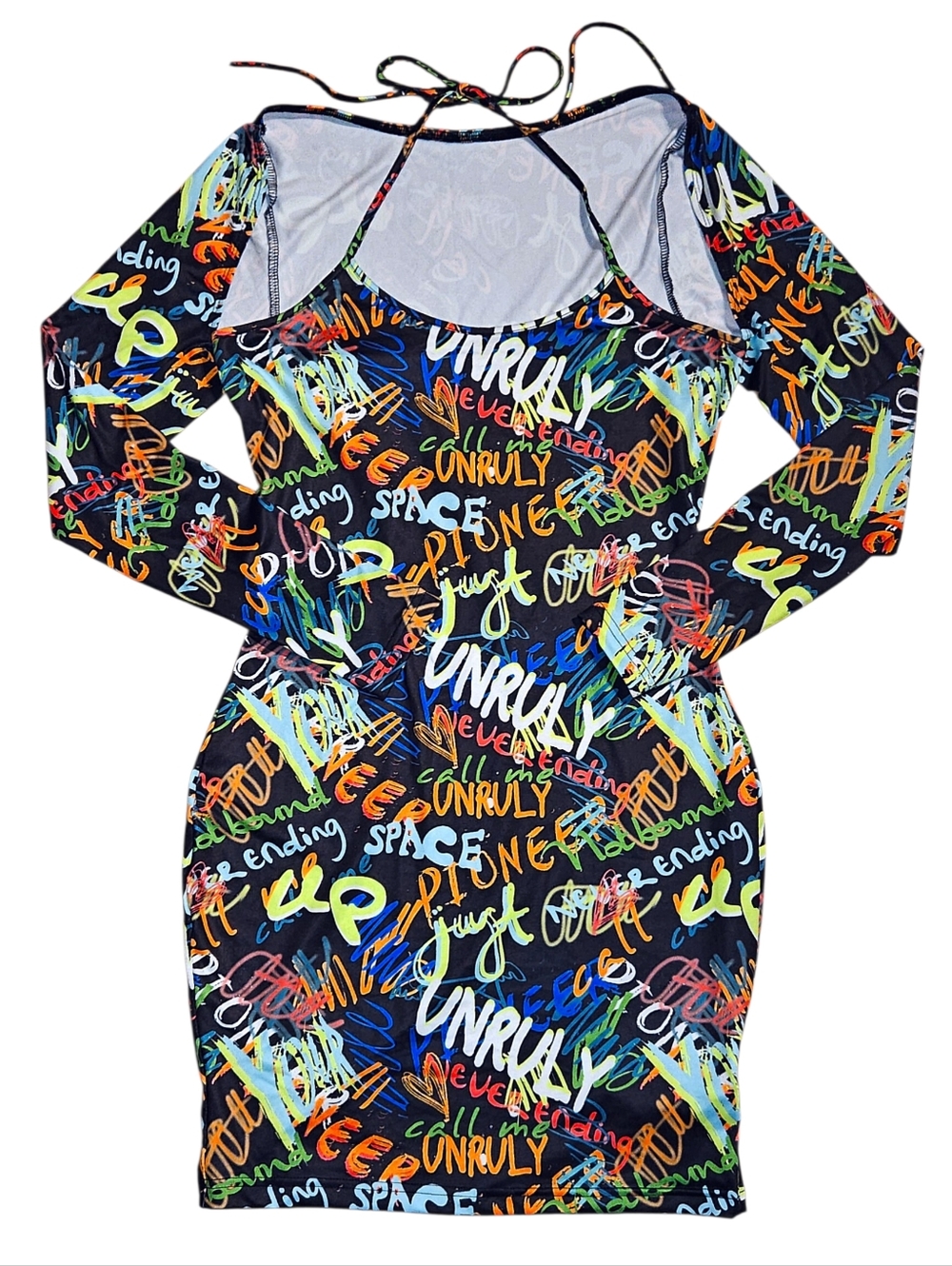 Shein Sexy Rainbow Graffiti Bodycon Long Sleeve Halter Mini Dress NWT Size 6